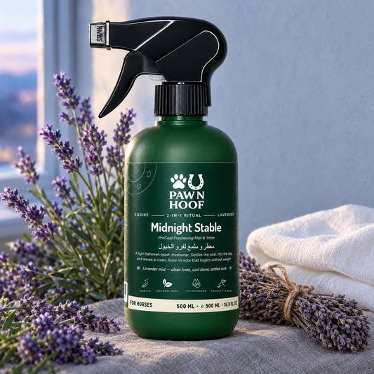 Midnight Stable 500 ml horse coat mist with fresh and dried lavender beside a folded towel at dusk