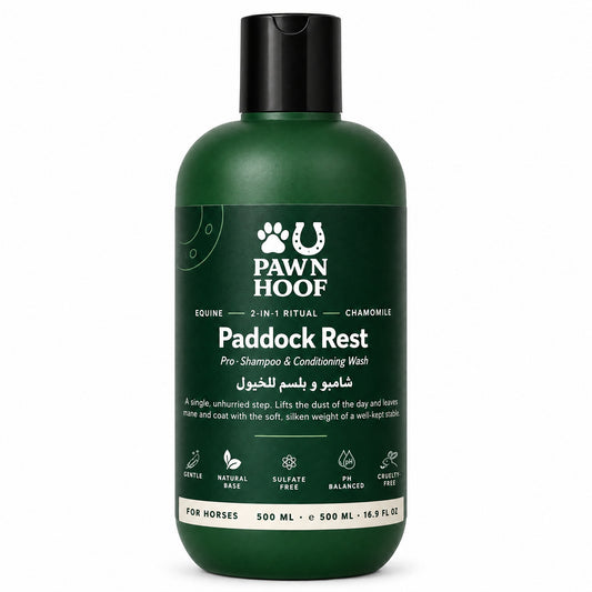 Paw N Hoof Paddock Rest 2-in-1 shampoo and conditioning wash for horses, 500 ml chamomile bottle, front view