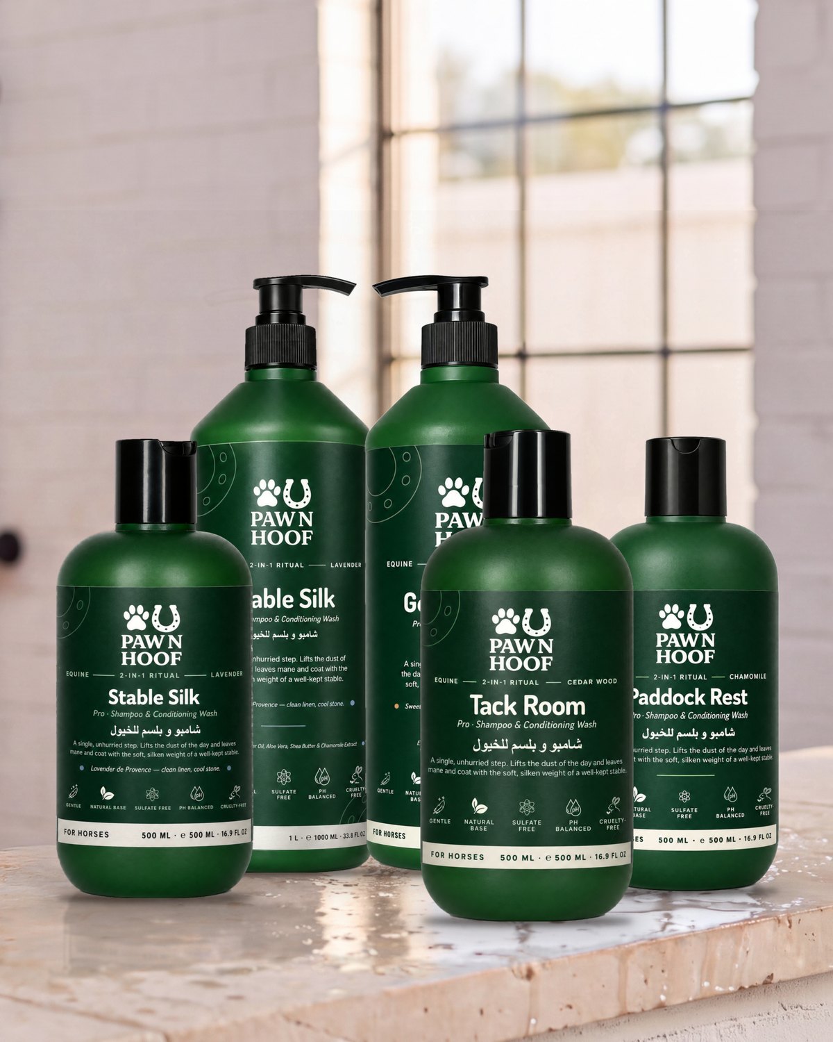 Five Paw N Hoof 2-in-1 horse shampoo and conditioner bottles on a wet stone ledge in a wash bay