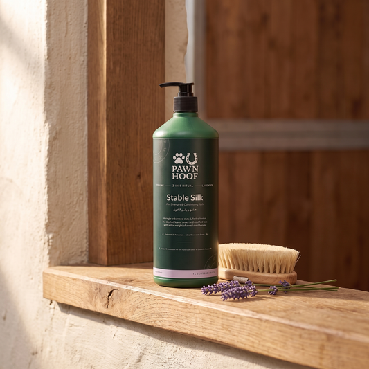 Paw N Hoof Stable Silk 1 litre bottle on a weathered oak ledge in a stable wash bay, a natural bristle body brush and sprigs of lavender beside it