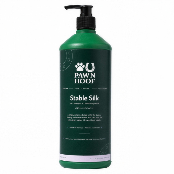 Paw N Hoof Stable Silk 1 litre dark green pump bottle on a plain white background, label reading Equine 2-in-1 Ritual Lavender, Pro Shampoo and Conditioning Wash for horses