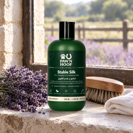 Stable Silk 500 ml on a stone stable windowsill beside a bunch of lavender, a horse-hair body brush and a folded linen cloth, a lavender field outside