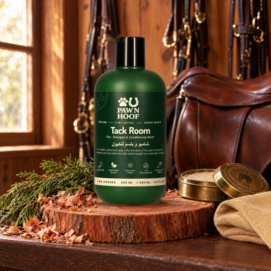 Tack Room shampoo 500 ml on a slice of cedar in a tack room, beside cedar sprigs and shavings, a tin of saddle soap and a leather saddle